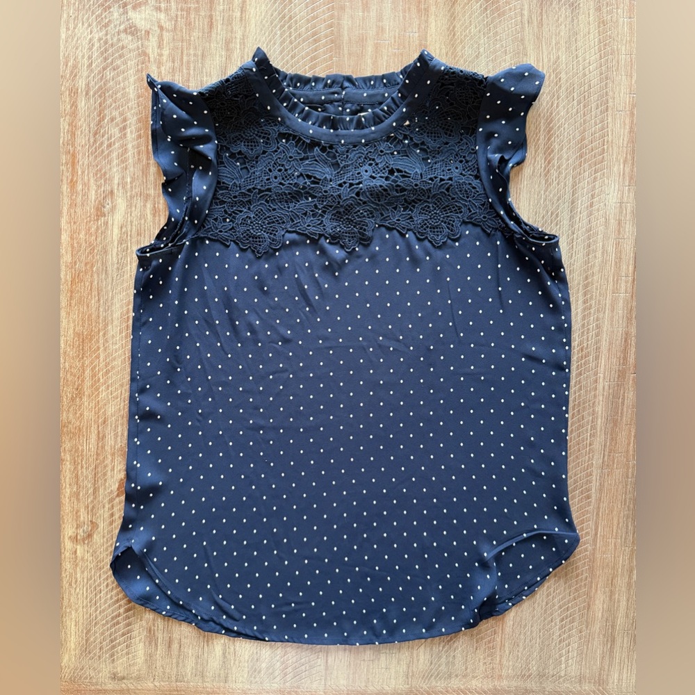 LOFT Lace & Polka Dot Cap Sleeve Navy Blouse, S